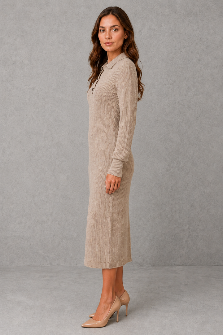 Polo Neck Knitted Midi Jumper Dress with Button Placket Modeberg Bern