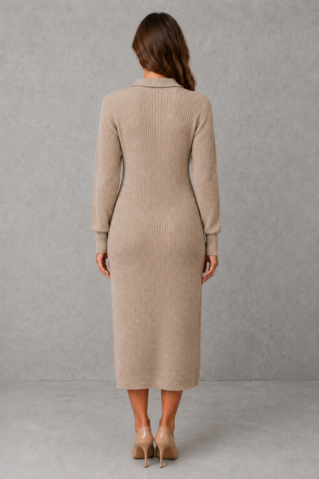 Polo Neck Knitted Midi Jumper Dress with Button Placket Modeberg Bern