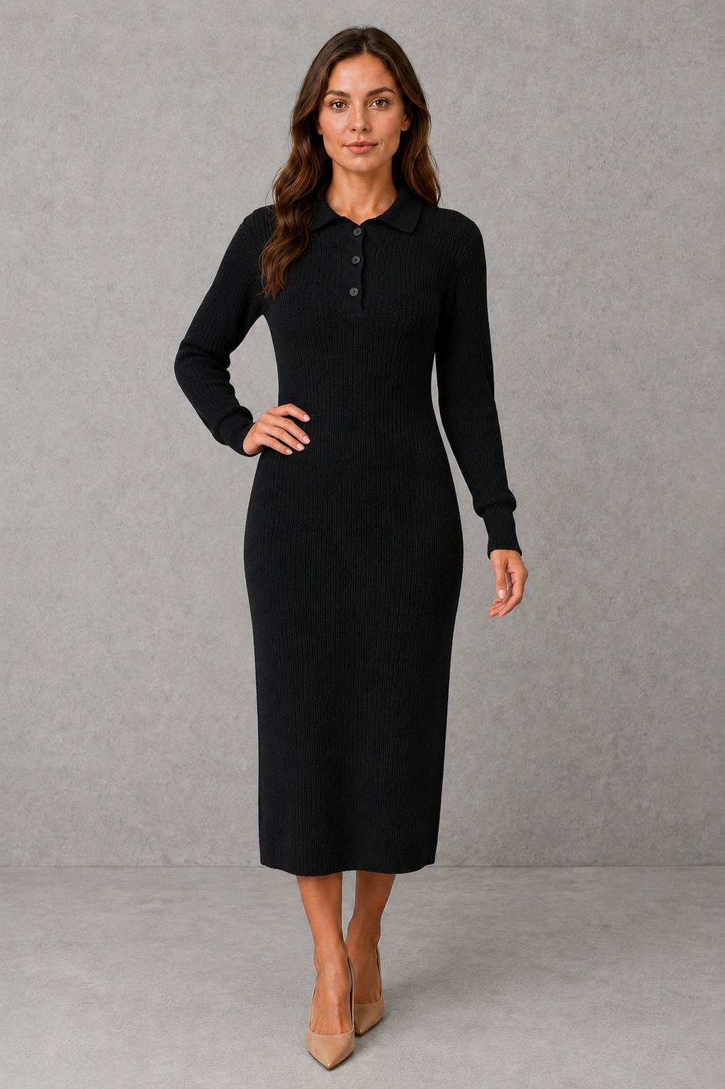 Polo Neck Knitted Midi Jumper Dress with Button Placket Modeberg Bern