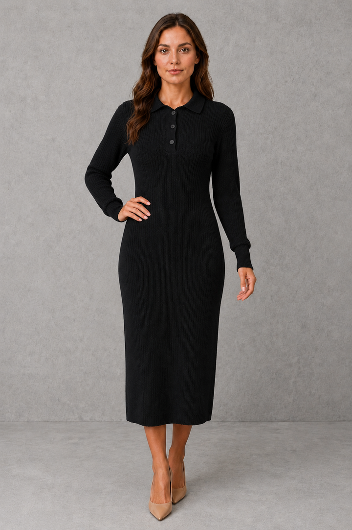 Polo Neck Knitted Midi Jumper Dress with Button Placket Modeberg Bern