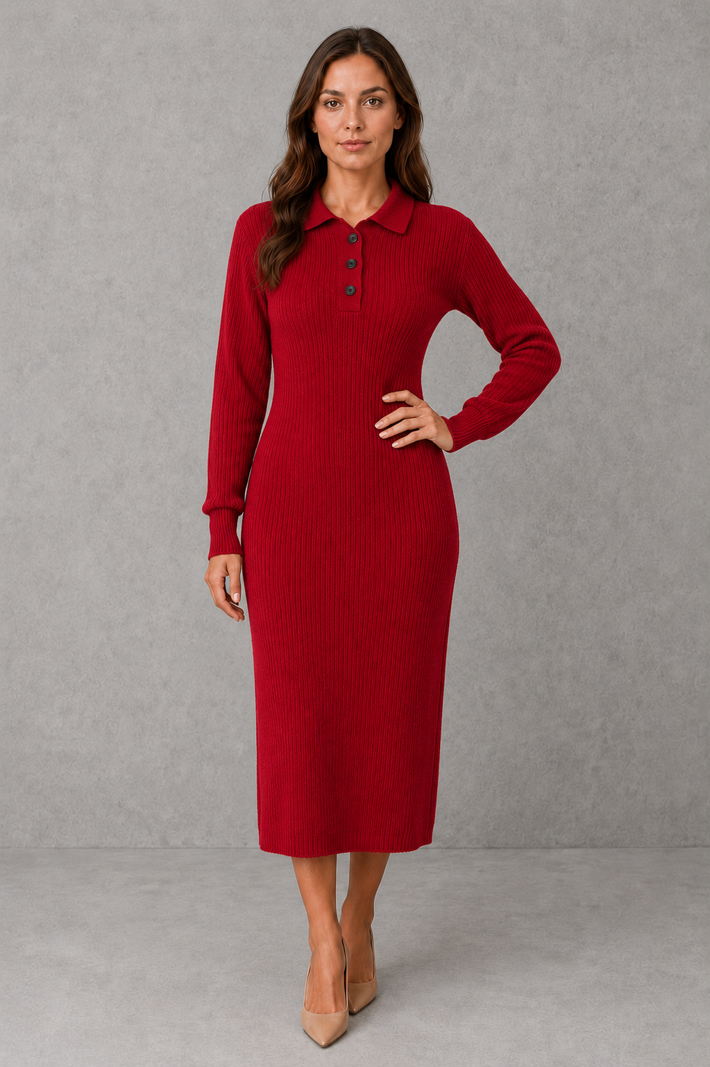 Polo Neck Knitted Midi Jumper Dress with Button Placket Modeberg Bern