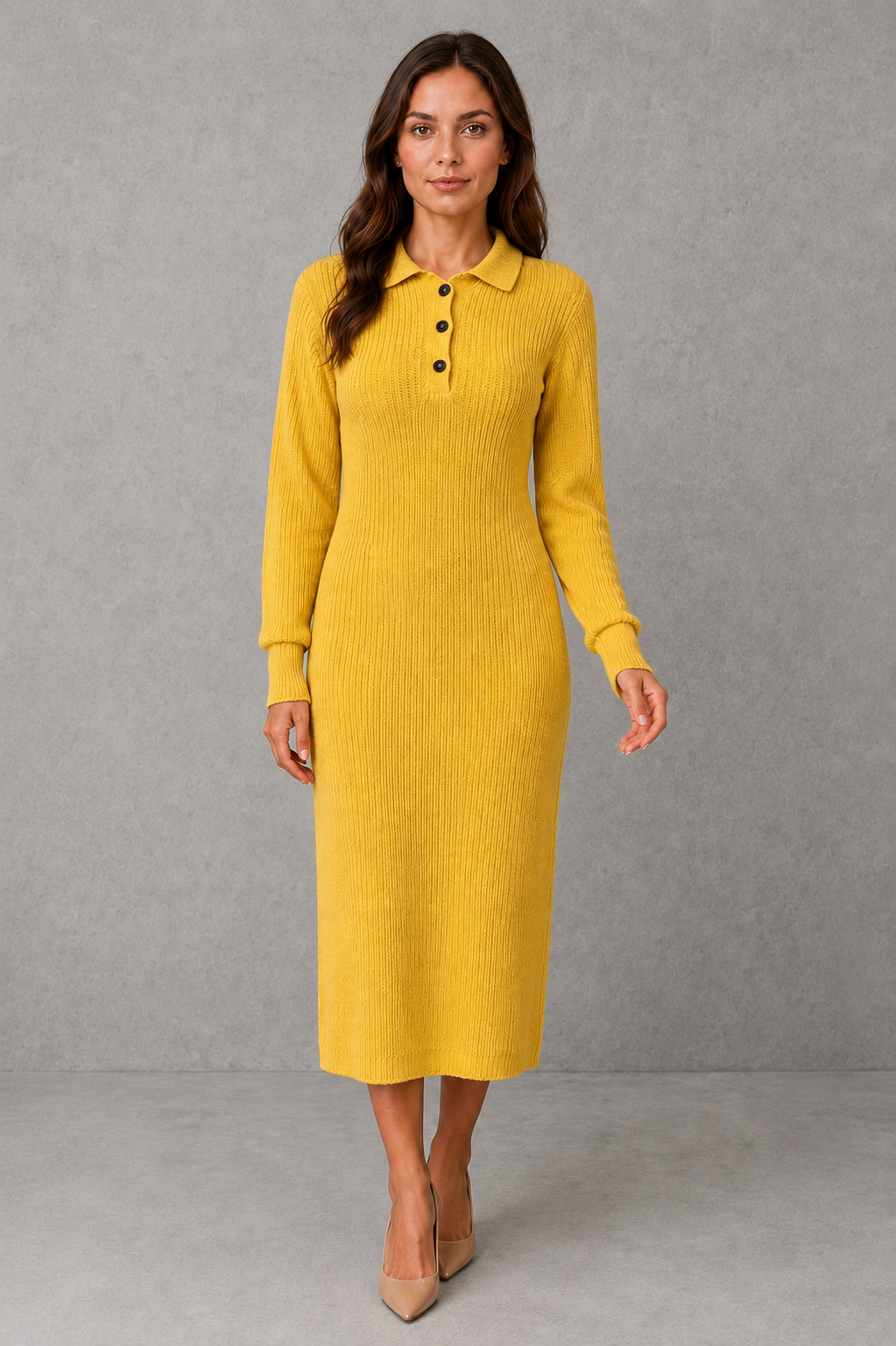 Polo Neck Knitted Midi Jumper Dress with Button Placket Modeberg Bern