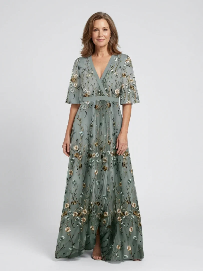 Floral Embroidered V-Neck Short Sleeve Maxi Dress Modeberg Bern