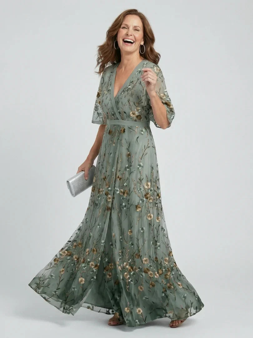 Floral Embroidered V-Neck Short Sleeve Maxi Dress Modeberg Bern