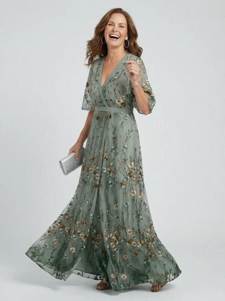 Floral Embroidered V-Neck Short Sleeve Maxi Dress Modeberg Bern