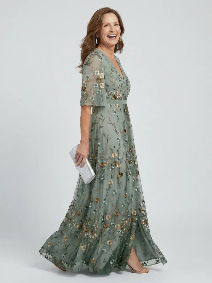 Floral Embroidered V-Neck Short Sleeve Maxi Dress Modeberg Bern