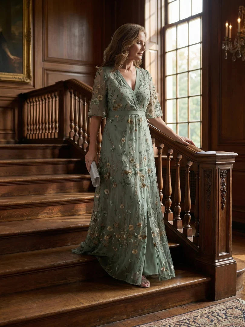 Floral Embroidered V-Neck Short Sleeve Maxi Dress Modeberg Bern