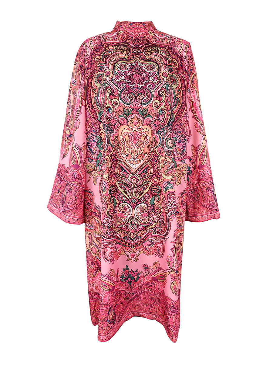 Contrast Print Mock Neck Midi Dress with Long Sleeves and Loose Fit Modeberg Bern