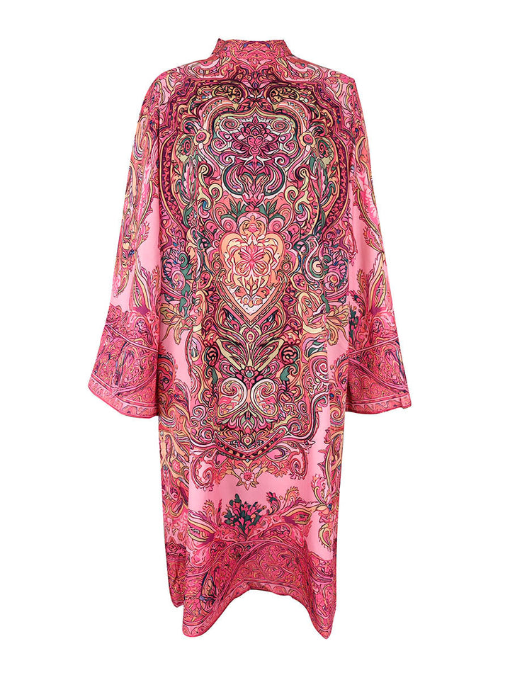Contrast Print Mock Neck Midi Dress with Long Sleeves and Loose Fit Modeberg Bern