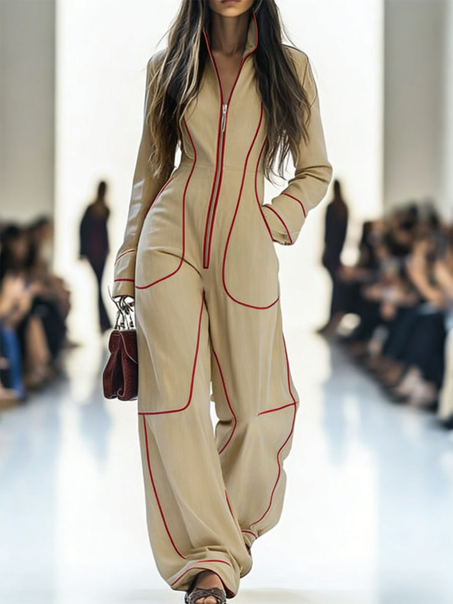 Denim Long Sleeve Jumpsuit with Stand Collar and Wide Leg Modeberg Bern