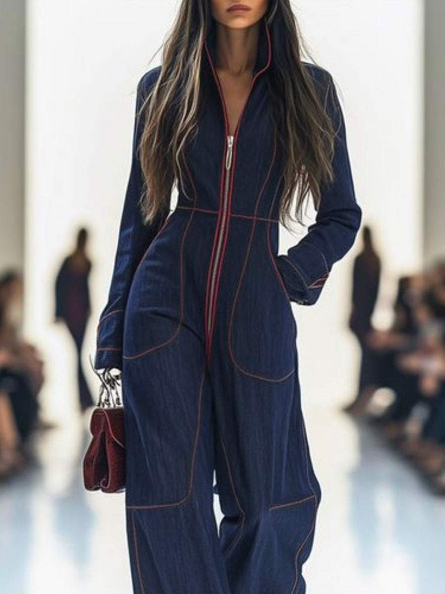 Denim Long Sleeve Jumpsuit with Stand Collar and Wide Leg Modeberg Bern