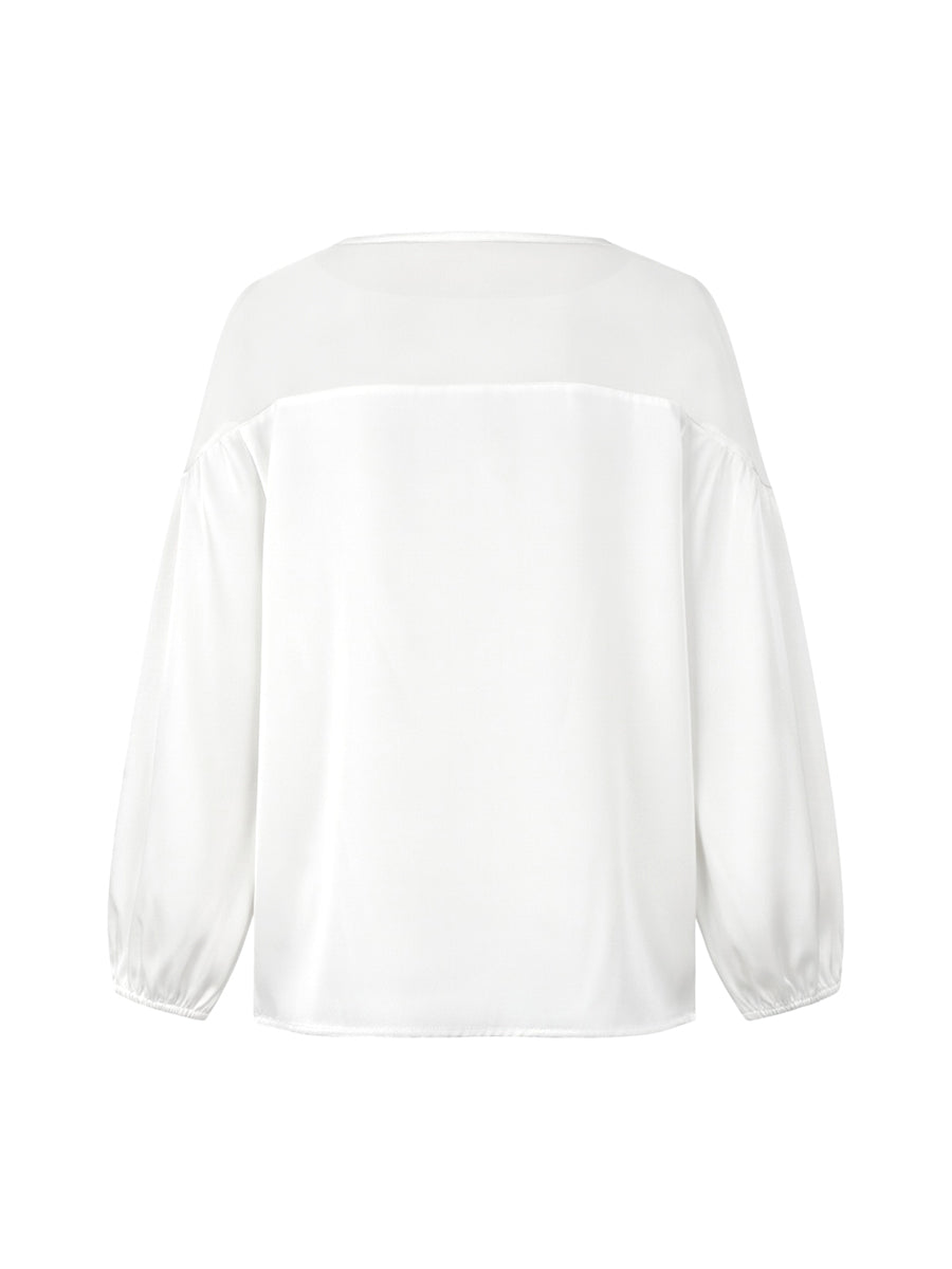 White Floral Applique Mesh Puff Sleeve Blouse Modeberg Bern