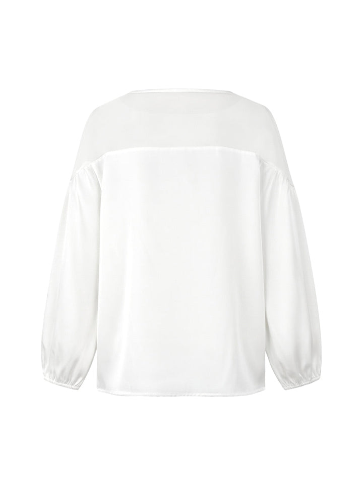 White Floral Applique Mesh Puff Sleeve Blouse Modeberg Bern