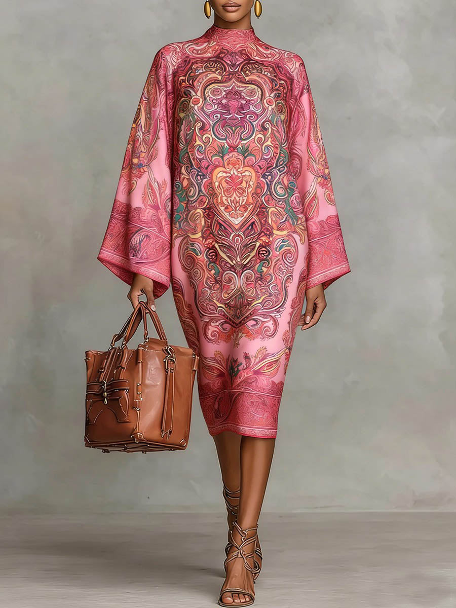 Contrast Print Mock Neck Midi Dress with Long Sleeves and Loose Fit Modeberg Bern