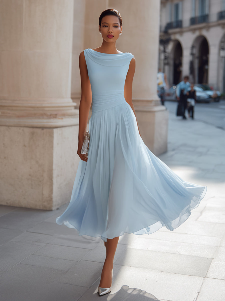 Draped Neck Sleeveless Pleated Occasion Midi Dress Modeberg Bern