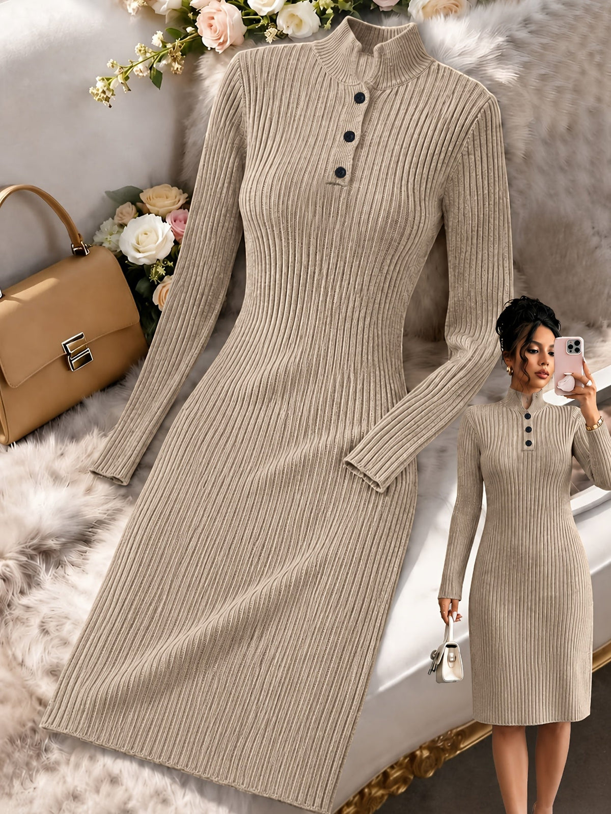 Ribbed Knit V-Neck Long Sleeve Midi Dress Modeberg Bern