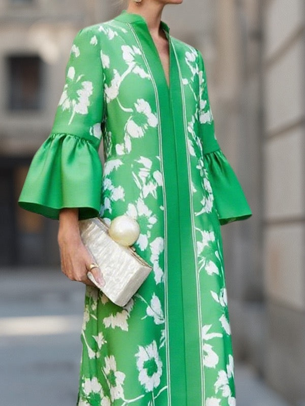Floral Print Pleated Maxi Dress – Flared Sleeve V-Neck Modeberg Bern