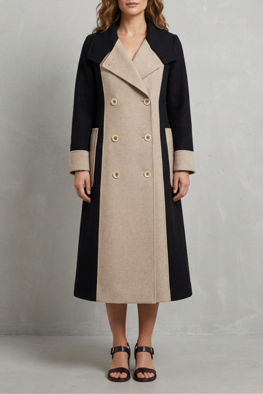 Contrast Panel Double Breasted Wool Coat Modeberg Bern