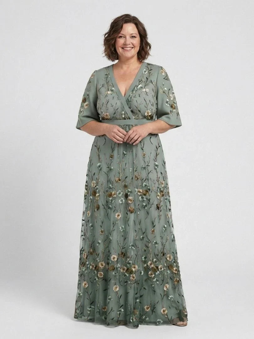 Floral Embroidered V-Neck Short Sleeve Maxi Dress Modeberg Bern