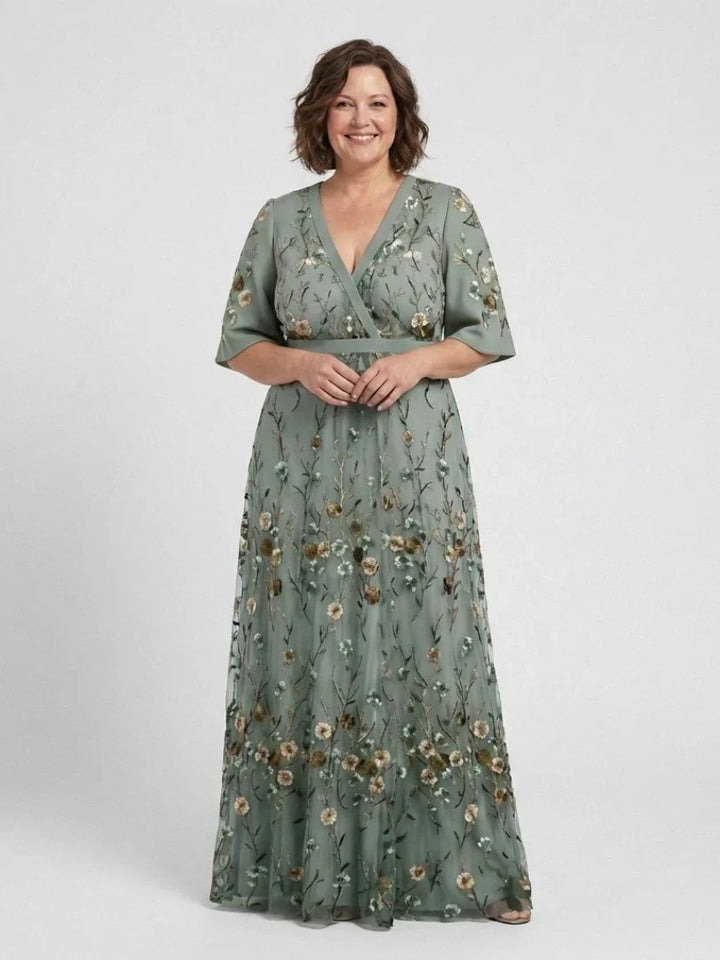 Floral Embroidered V-Neck Short Sleeve Maxi Dress Modeberg Bern