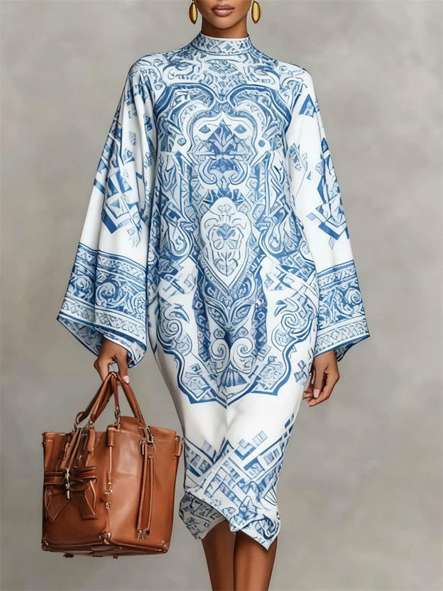 Contrast Print Mock Neck Midi Dress with Long Sleeves and Loose Fit Modeberg Bern