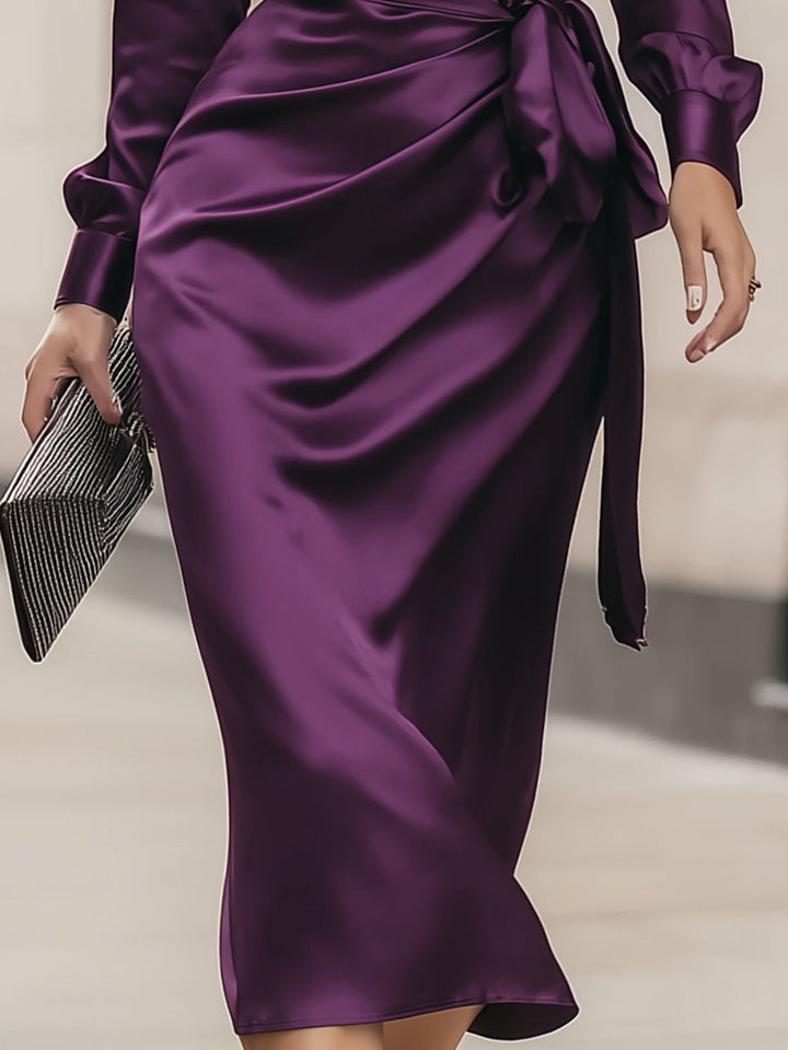 Deep Purple Satin Wrap Midi Dress Modeberg Bern