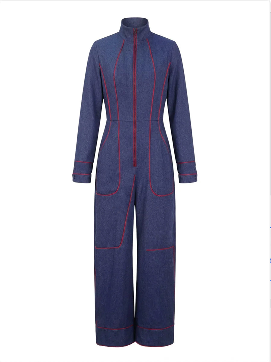Denim Long Sleeve Jumpsuit with Stand Collar and Wide Leg Modeberg Bern