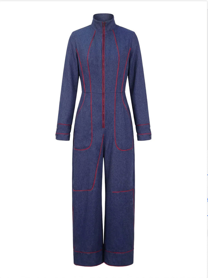 Denim Long Sleeve Jumpsuit with Stand Collar and Wide Leg Modeberg Bern