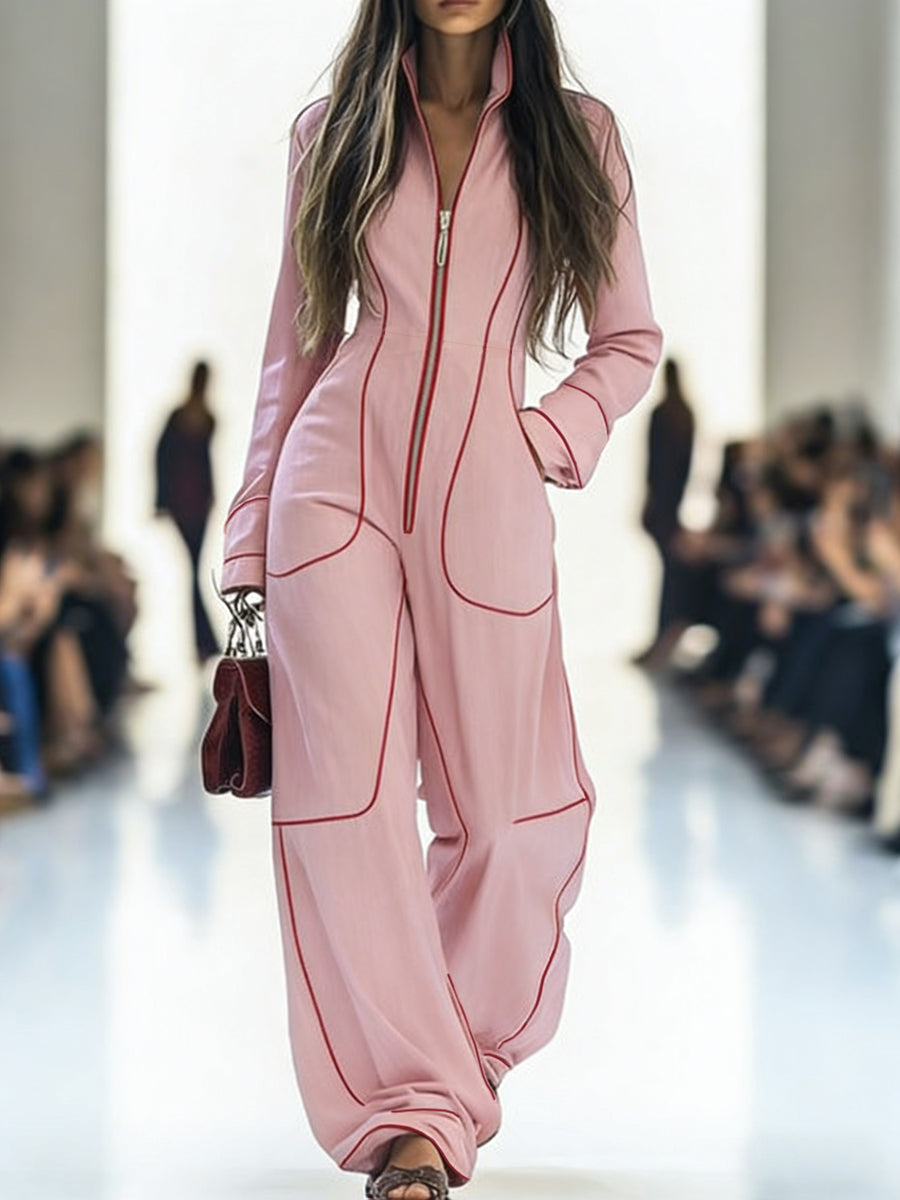 Denim Long Sleeve Jumpsuit with Stand Collar and Wide Leg Modeberg Bern