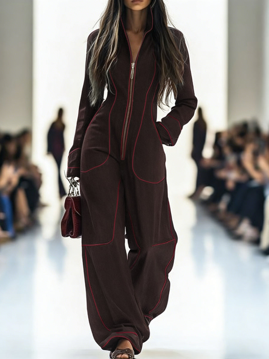 Denim Long Sleeve Jumpsuit with Stand Collar and Wide Leg Modeberg Bern