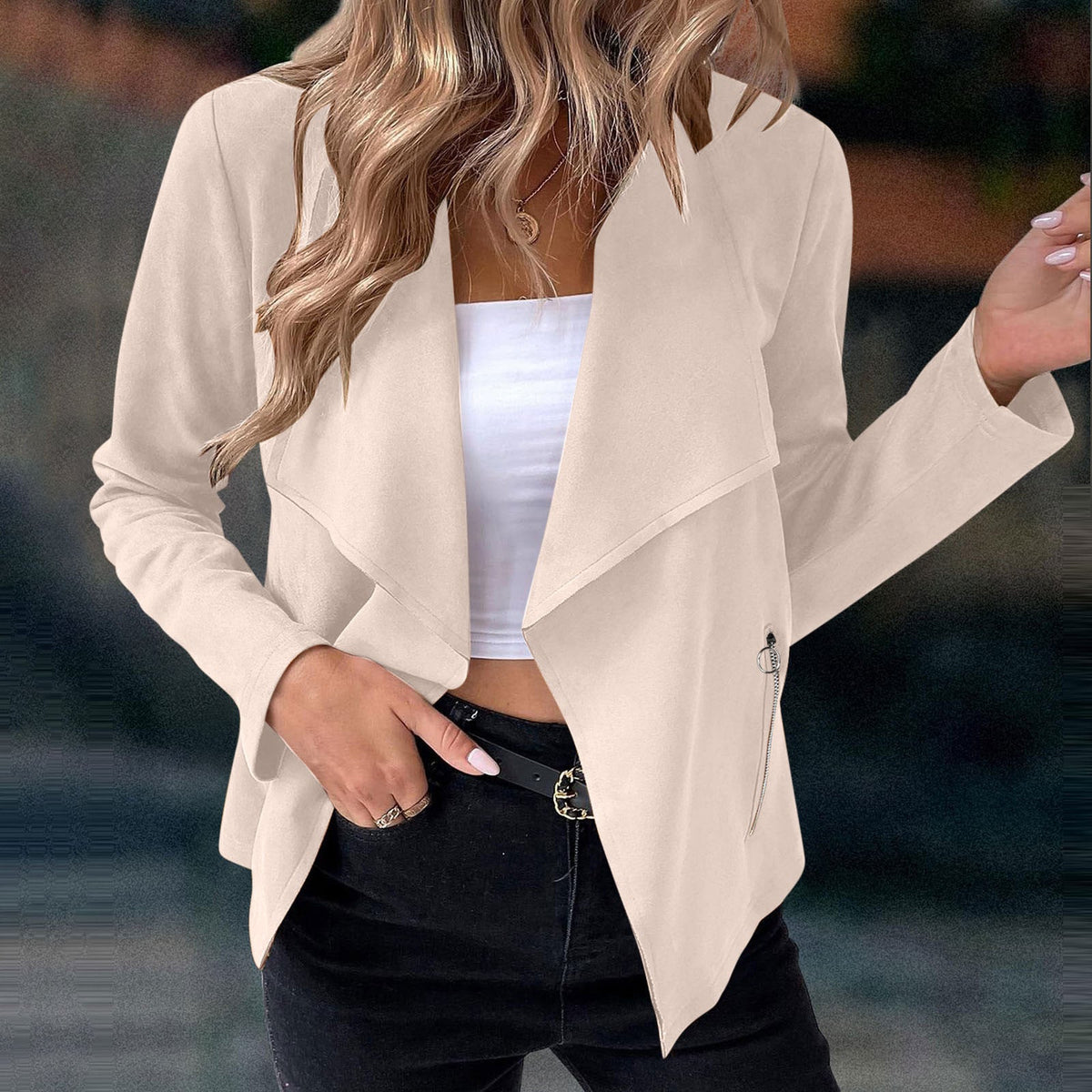 Draped Open Front Jacket with Waterfall Lapel and Cropped Fit Modeberg Bern