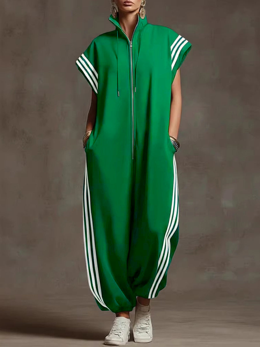 Plus Size Striped Sleeveless Jumpsuit with Stand Collar Modeberg Bern