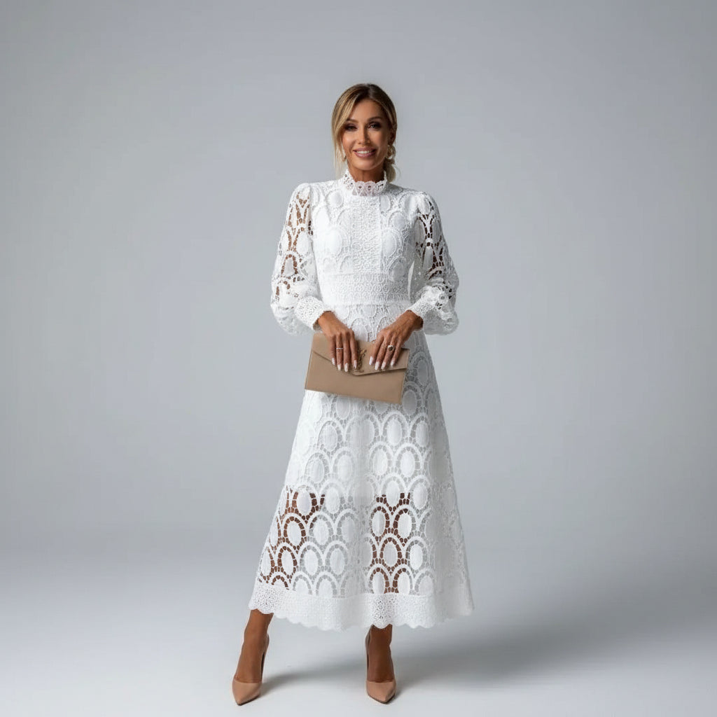 Long Sleeve High Neck Lace Wedding Guest Midi Dress Modeberg Bern