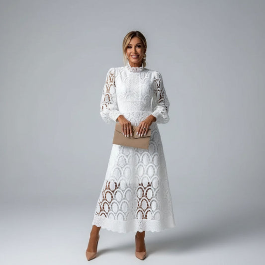 Long Sleeve High Neck Lace Wedding Guest Midi Dress Modeberg Bern