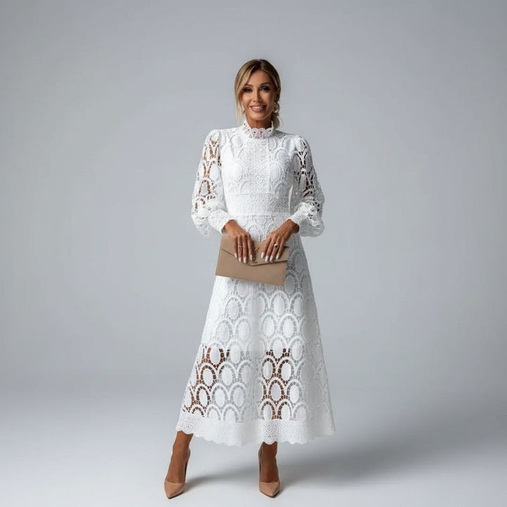 Long Sleeve High Neck Lace Wedding Guest Midi Dress Modeberg Bern