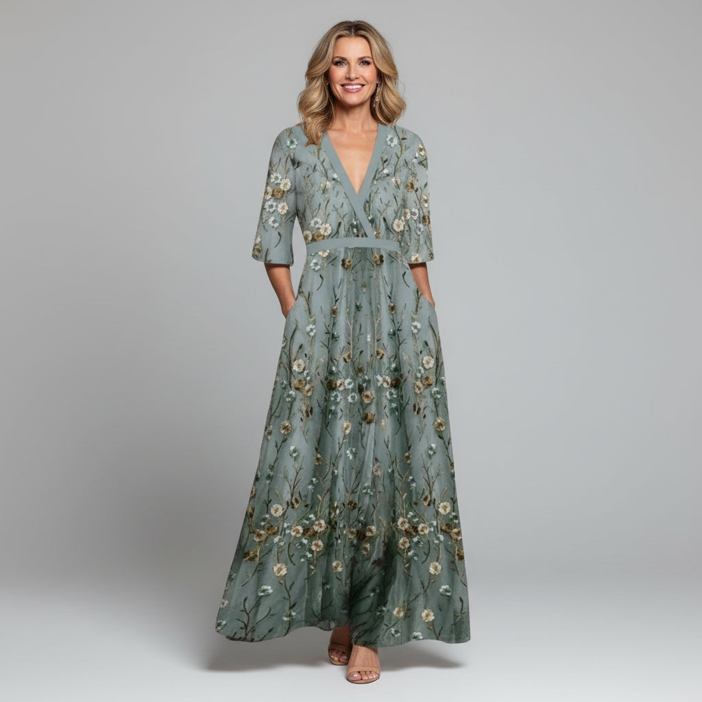 Floral Embroidered V-Neck Short Sleeve Maxi Dress Modeberg Bern