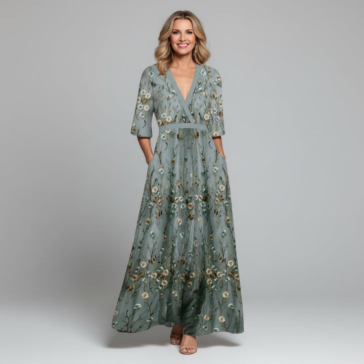 Floral Embroidered V-Neck Short Sleeve Maxi Dress Modeberg Bern