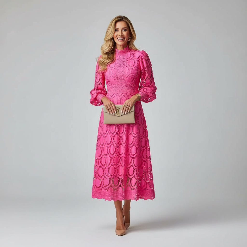 Long Sleeve High Neck Lace Wedding Guest Midi Dress Modeberg Bern