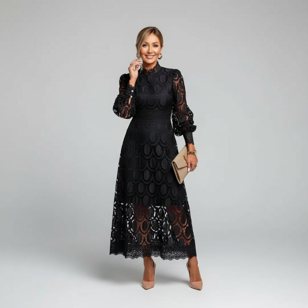 Long Sleeve High Neck Lace Wedding Guest Midi Dress Modeberg Bern
