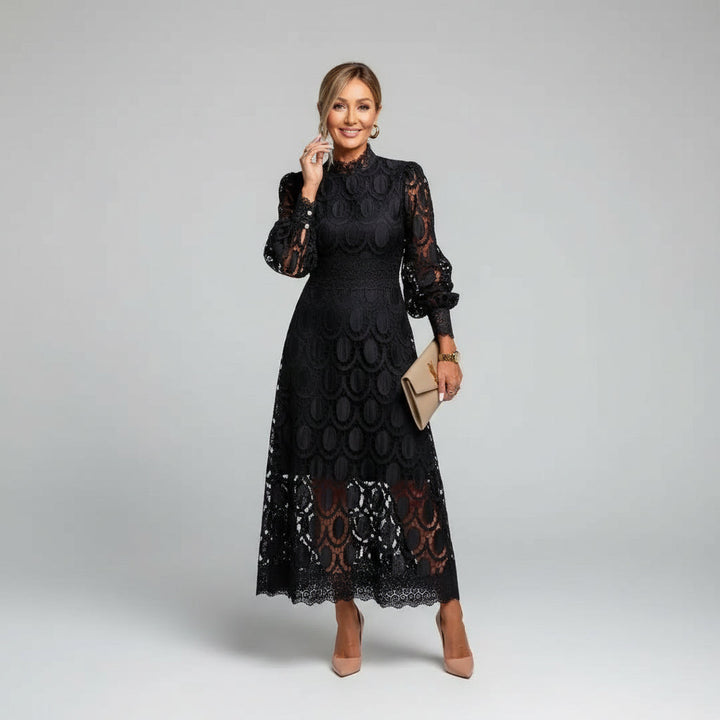 Long Sleeve High Neck Lace Wedding Guest Midi Dress Modeberg Bern