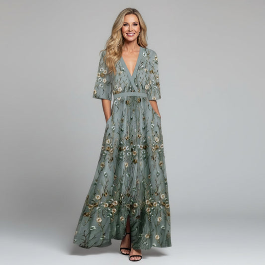 Floral Embroidered V-Neck Short Sleeve Maxi Dress Modeberg Bern