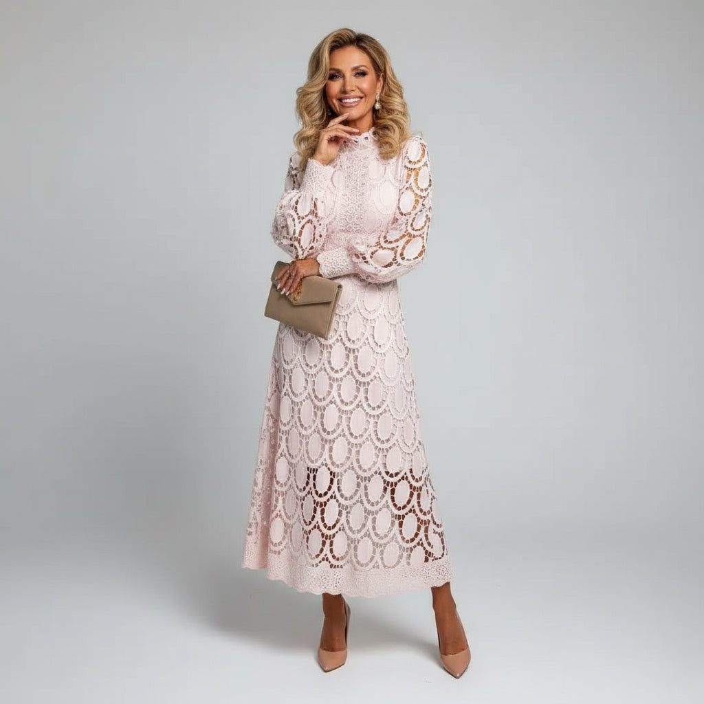 Long Sleeve High Neck Lace Wedding Guest Midi Dress Modeberg Bern
