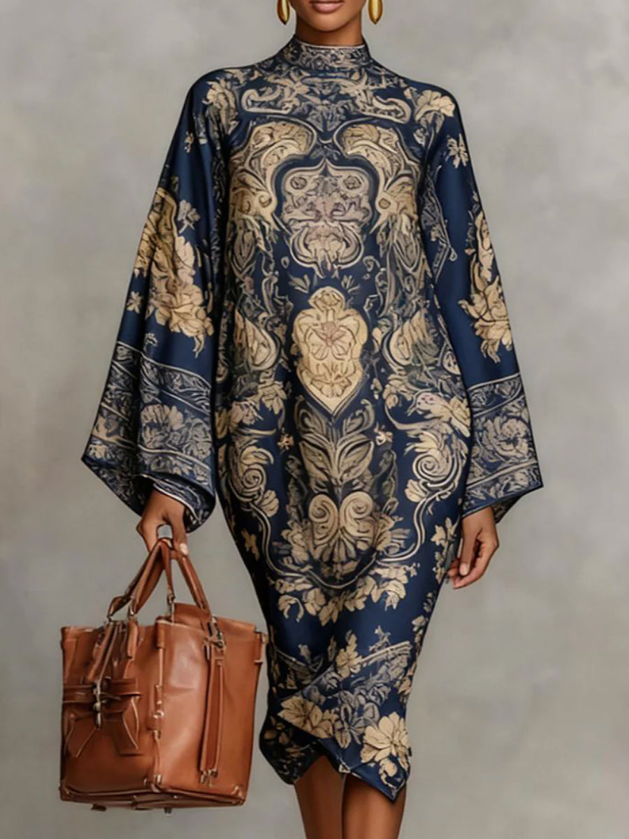 Contrast Print Mock Neck Midi Dress with Long Sleeves and Loose Fit Modeberg Bern