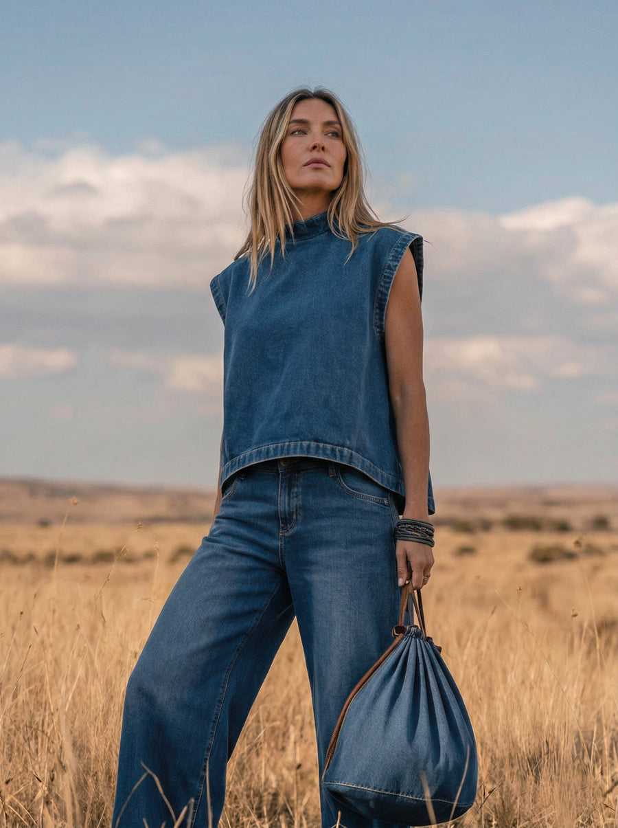 Denim Mock Neck Vest Top & Wide-Leg Jeans Co-ord Set Modeberg Bern