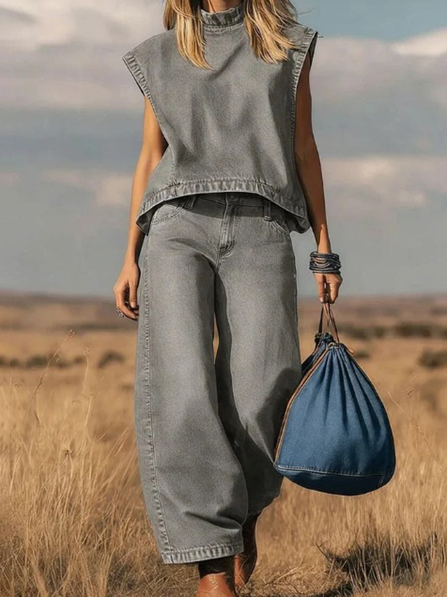 Denim Mock Neck Vest Top & Wide-Leg Jeans Co-ord Set Modeberg Bern