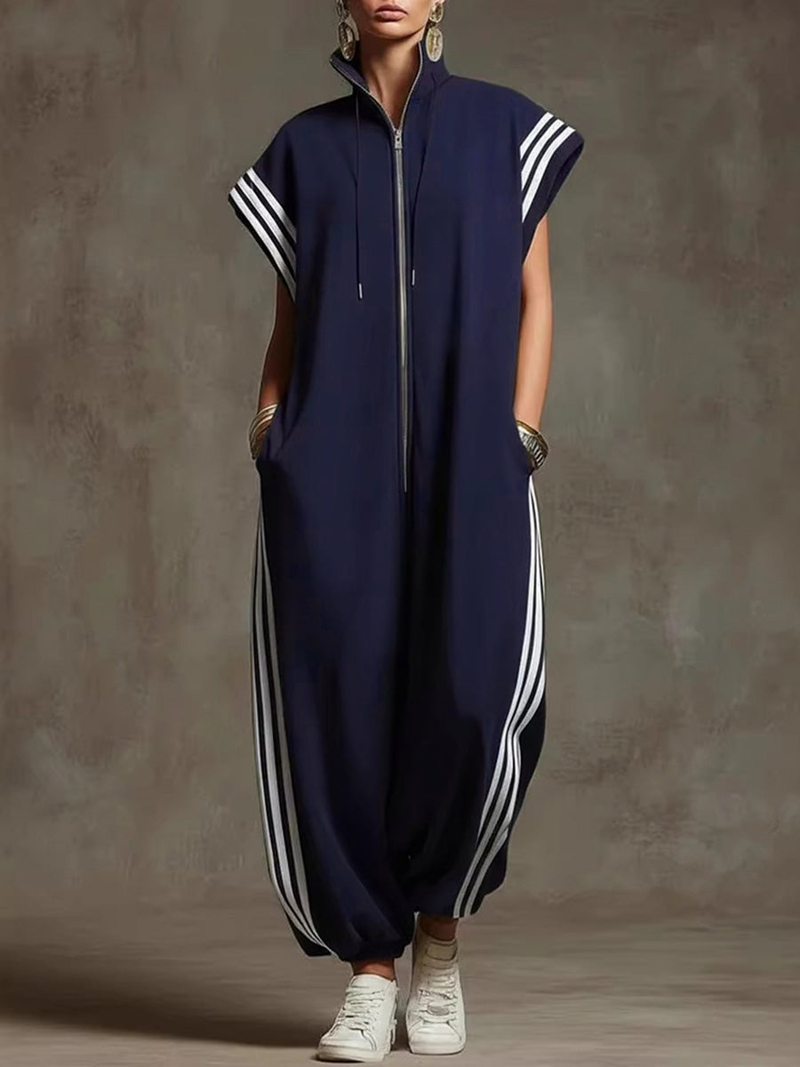 Plus Size Striped Sleeveless Jumpsuit with Stand Collar Modeberg Bern