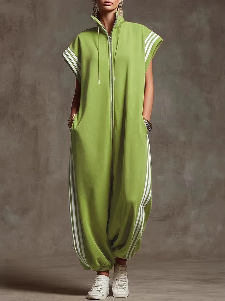 Plus Size Striped Sleeveless Jumpsuit with Stand Collar Modeberg Bern
