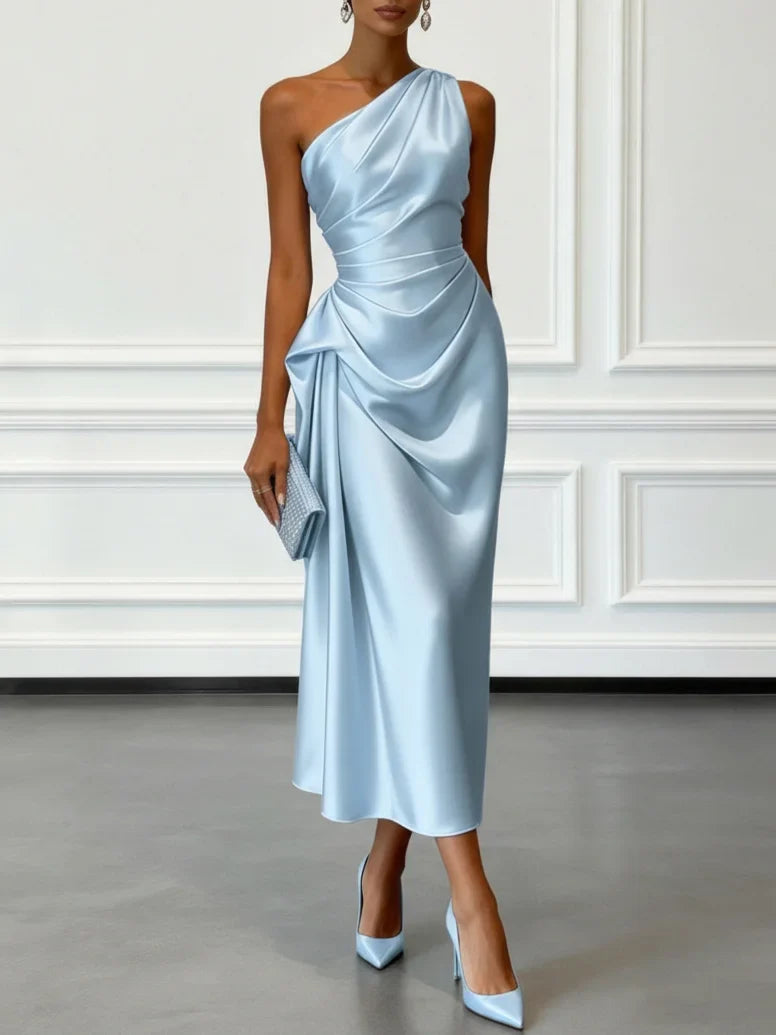 Satin One-Shoulder Ruched Wedding Guest Midi Dress Modeberg Bern