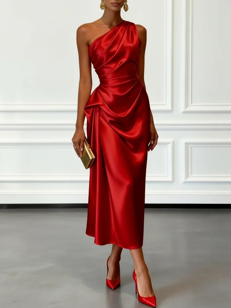 Satin One-Shoulder Ruched Wedding Guest Midi Dress Modeberg Bern