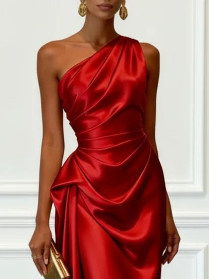 Satin One-Shoulder Ruched Wedding Guest Midi Dress Modeberg Bern
